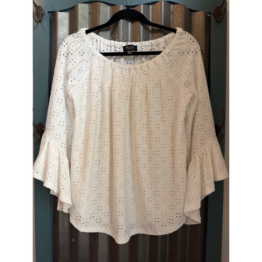 Melissa Paige White Eyelet Blouse Boho Top Peasant Flutter Sleeves Petite Small